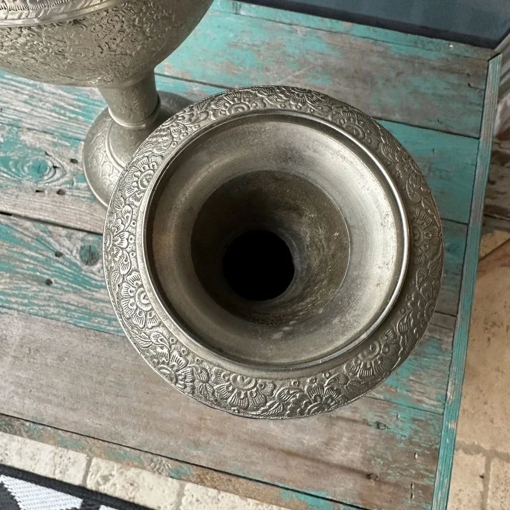 VTG Ornate Vases India Persian Middle‎ East Nickel Brass 14-24 Inch Two Item Set